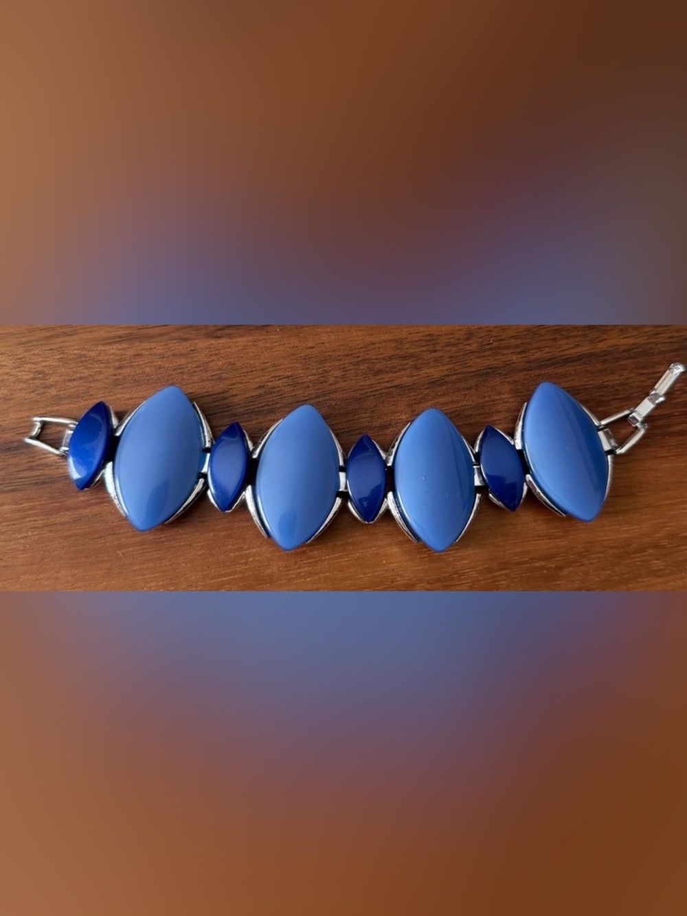 Vintage Thermoset Blue and Silver Tone Chunky Linked Bracelet